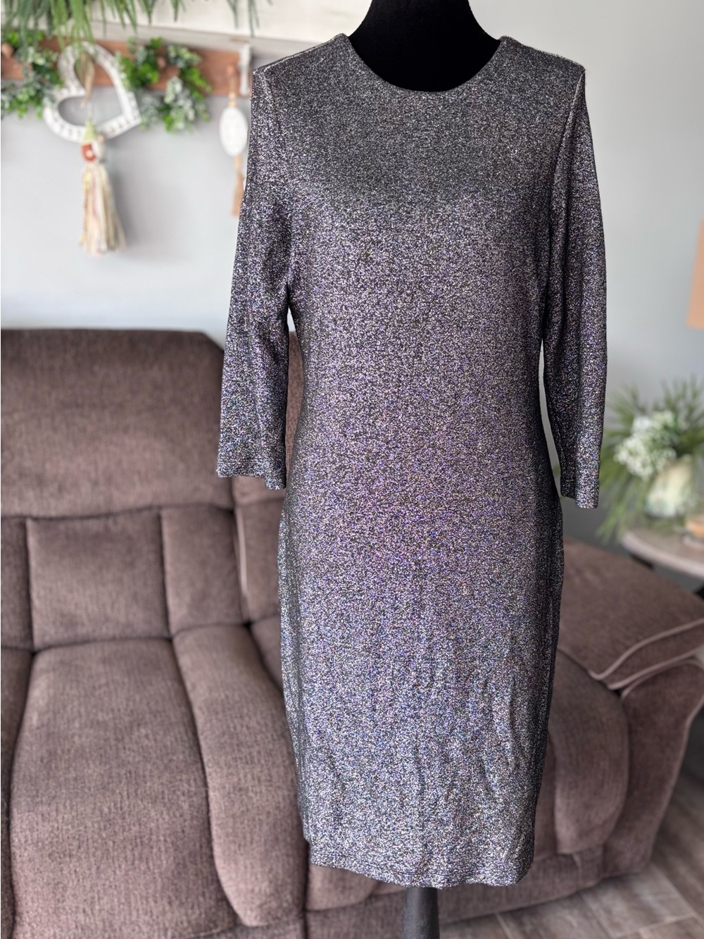 Karen Kane Metallic Sheath Dress in Black-Silver Shimmer